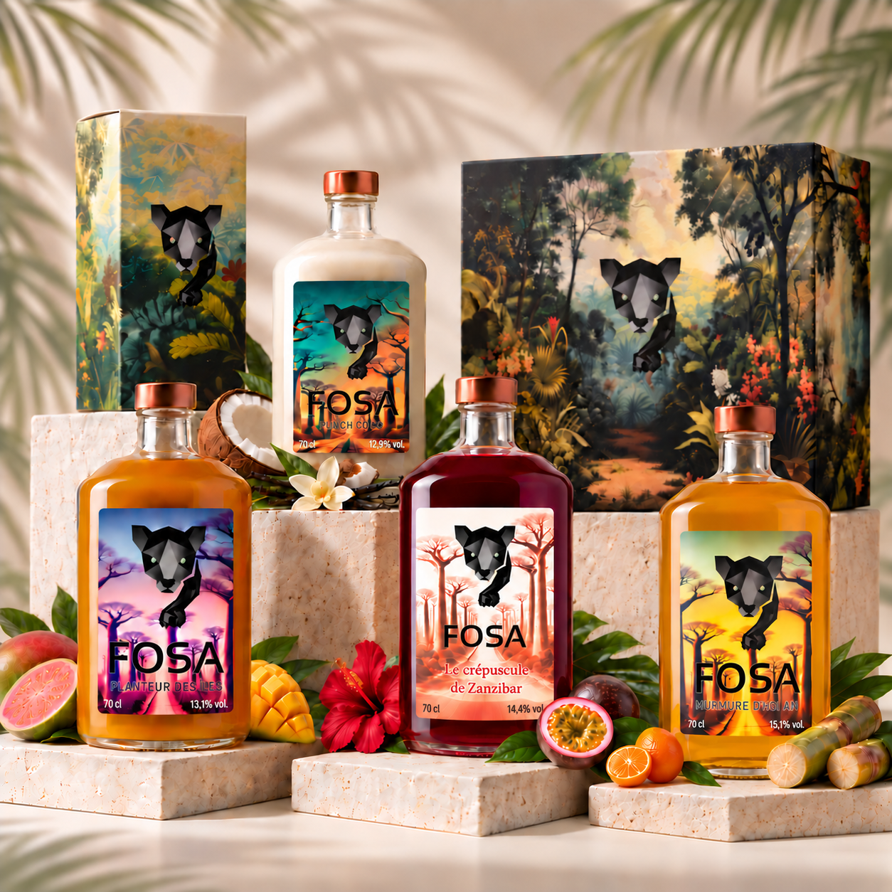 Présentation premium des quatre créations FOSA Indigo Spirits accompagnées de leurs coffrets.